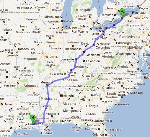 Map from Buffalo, NY to Duson, LA