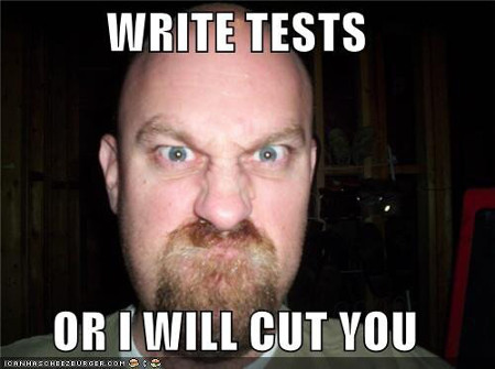 Grumpy Programmer Chris Hartjes declaring, 'WRITE TESTS OR I WILL CUT YOU'