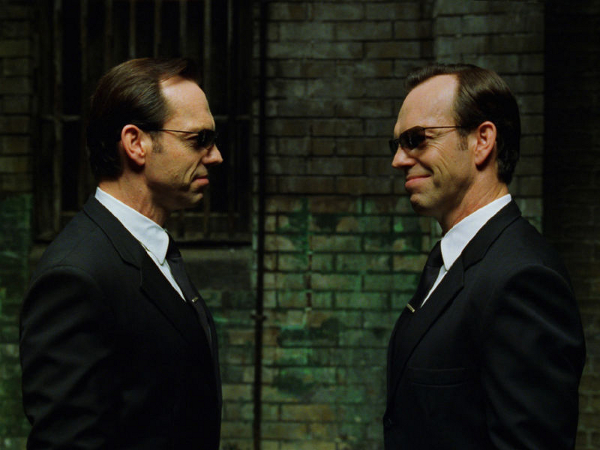 Agent Smith and his clone from The Matrix: Reloaded