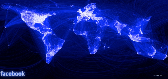 A visualization of Facebook friendships forming a global map
