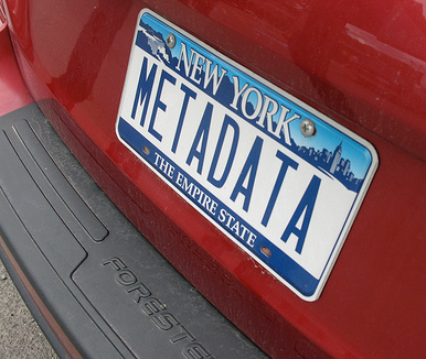 Custom license plate that says "METADATA"