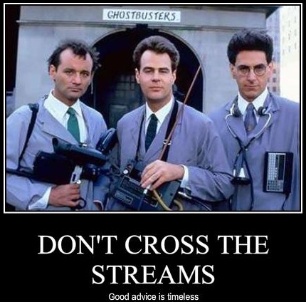 Photo of the Ghostbusters with the caption "Don't Cross the Streams. Good advice is timeless."