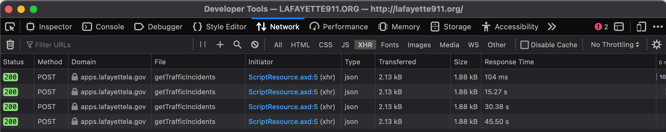 Network tab in Firefox Developer Tools showing XHRs made by lafayette911.org