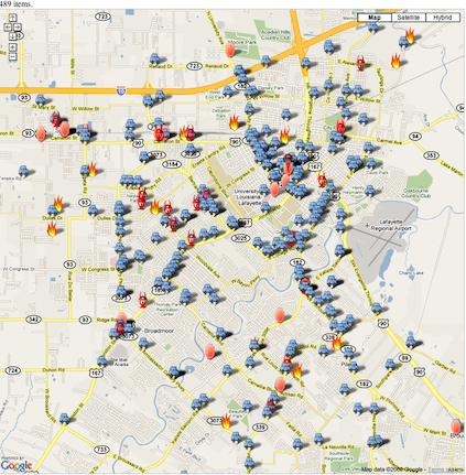 Screenshot of Ray's 911 viewer mapping incidents using Google Maps