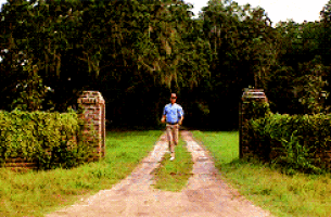 Forrest Gump from the film by the same name running out of a gate and down a road