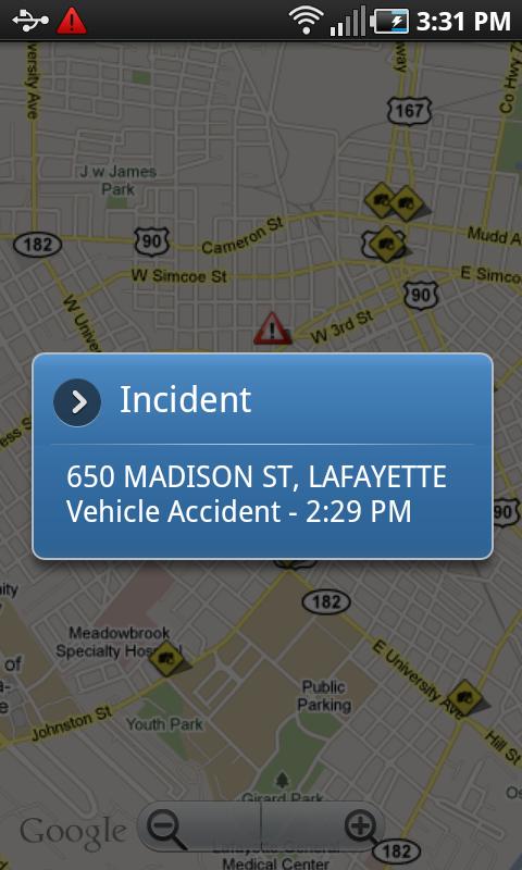 Google Maps showing Lafayette, LA with a traffic incident overlay