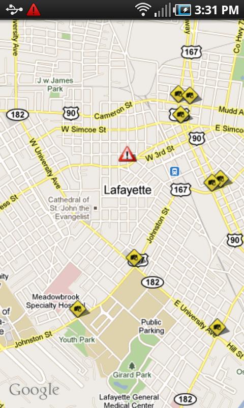 Google Maps showing Lafayette, LA with traffic incidents marked