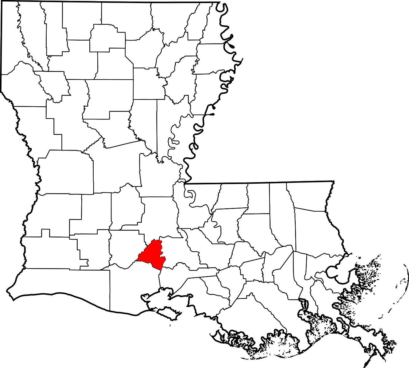 A map of Louisiana with Lafayette Parish marked in red