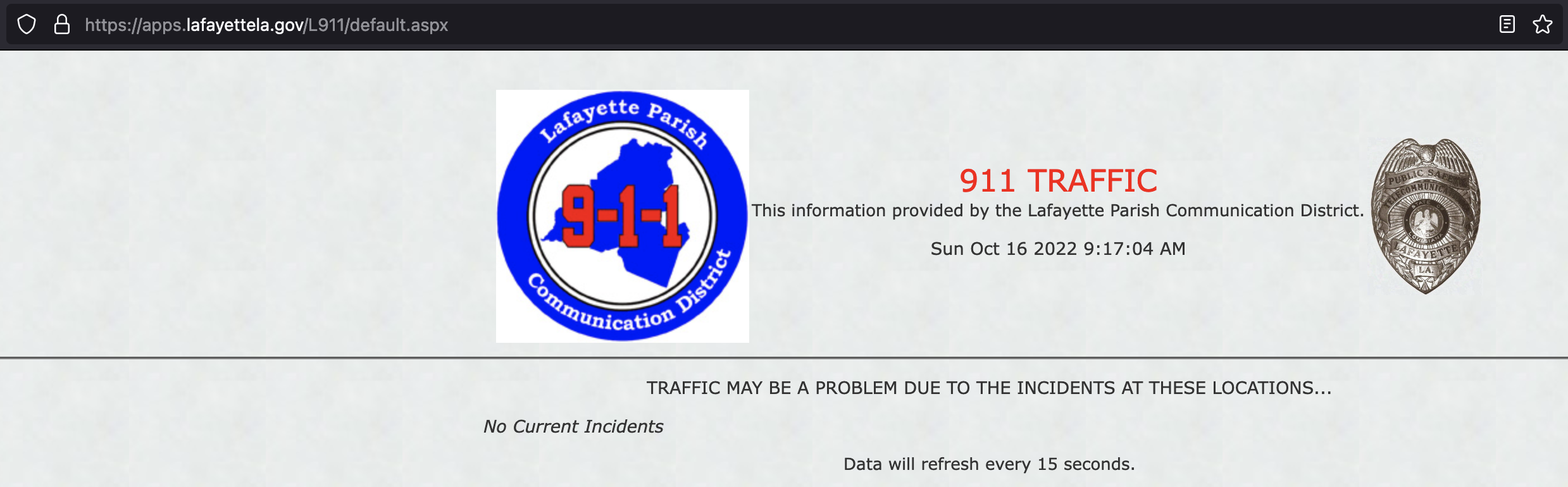 A screenshot of lafayette911.org with no incidents listed