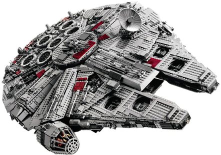 A model of the Millenium Falcon ship from the Star Wars films, built out of Lego blocks