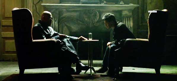 The characters Morpheus and Neo in the red pill-blue pill scene in the film The Matrix
