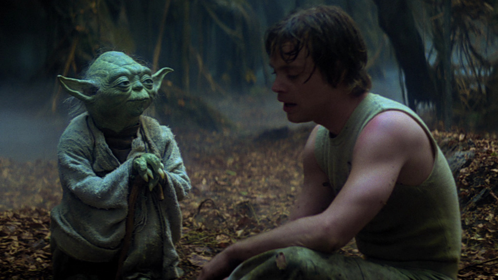 The characters Yoda and Luke Skywalker during the latter's training on Dagobah in the Star Wars film The Empire Strikes Back