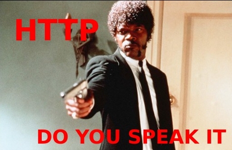 Samuel L. Jackson playing Jules in Pulp Fiction with the caption, 'HTTP / DO YOU SPEAK IT'