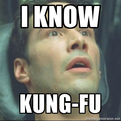 Keanu Reeves as Neo in The Matrix with the caption 'I Know Kung Fu'