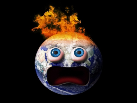 Earth with a cartoon face on fire