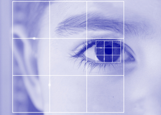 Woman receiving a biometric eye scan