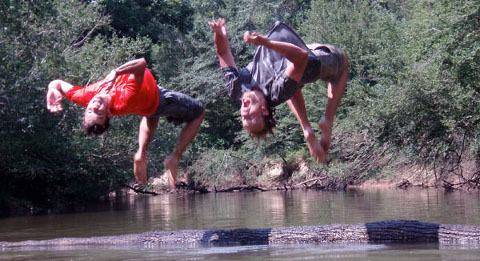Two guys falling off a log in a river in the forest