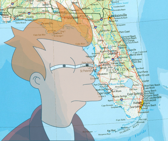 Fry from Futurama with his 'I see what you did there' expression superimposed over a map of the state of Florida