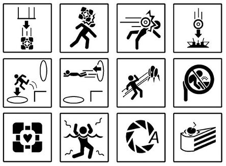 Illustrations from various signs shown at the start of levels in the Portal game series