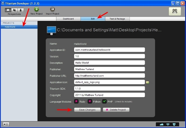 Edit Project screen of Titanium Developer