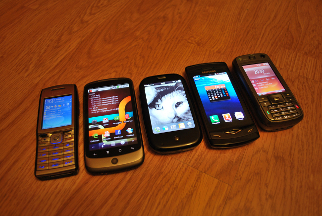 A row of mobile phones from various vendors
