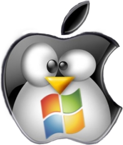 A Tux penguin in the shape of Apple's Logo with a Windows logo on its stomach