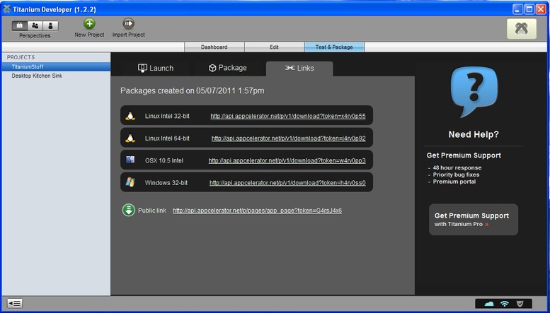 Package Links screen of Titanium Developer